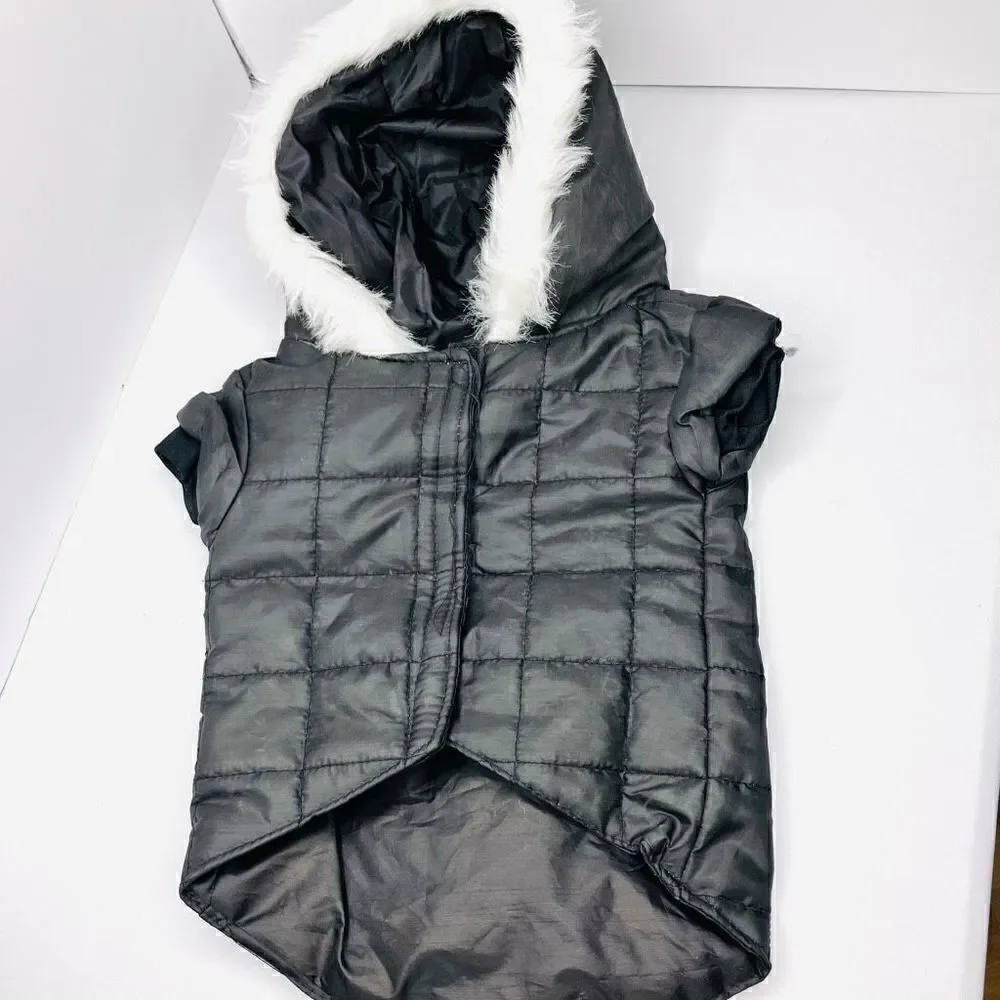 Small Dog Puffer Sleeveless Vel cro Fastened Fur Hoodie In Black